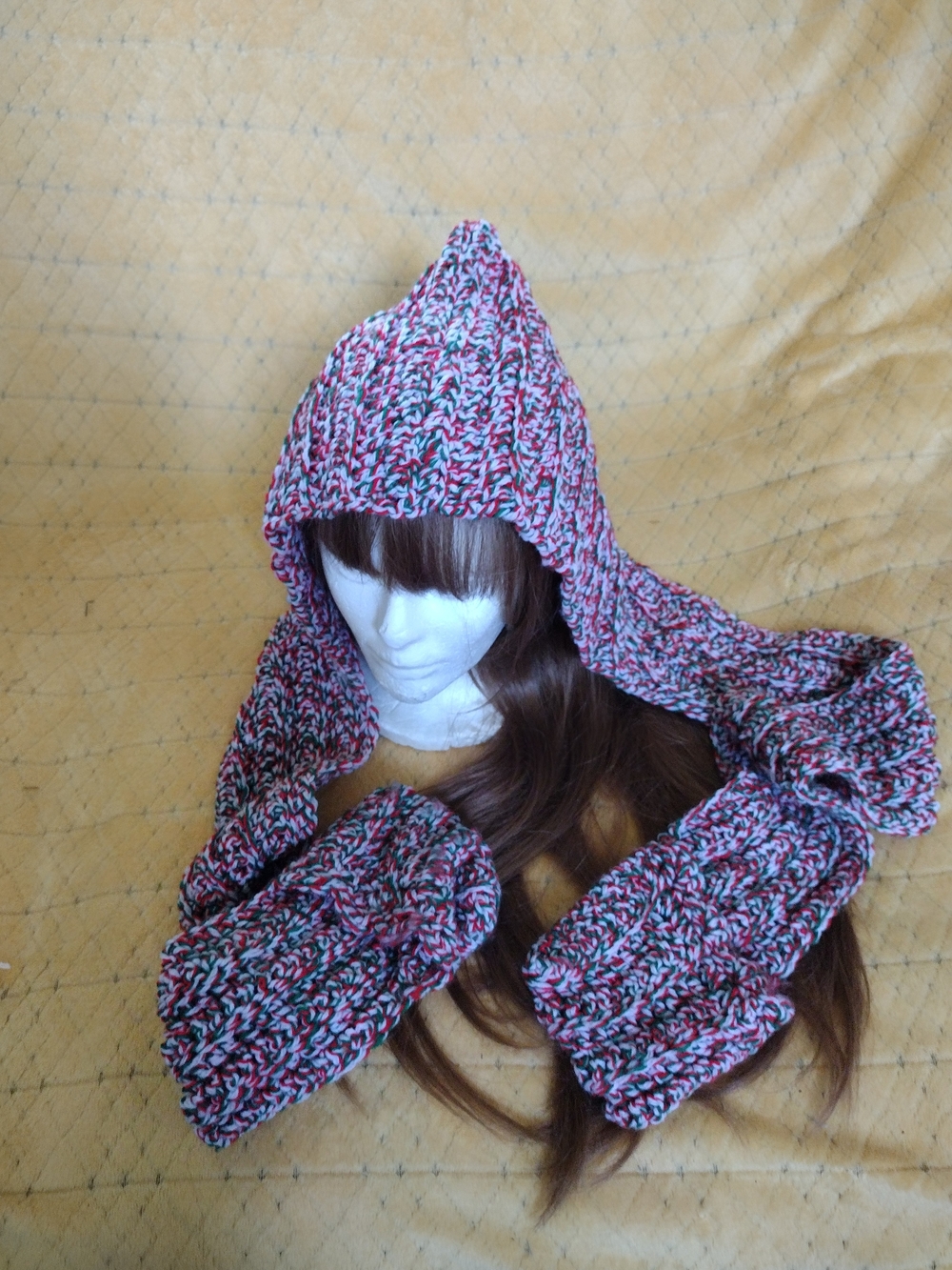 Hand Made Multicolor Knit Hooded Scarf and Mittens Set - Women Accessories